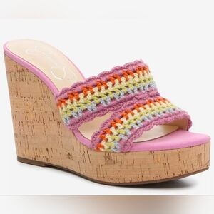 Jessica Simpson Satela Wedge Sandal Pink/Multi Color Crochet Cork Platform, 7.5